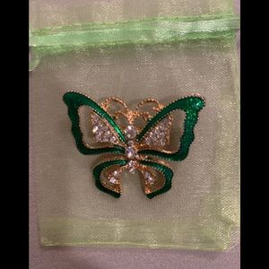 Rhinestoned Butterfly Brooch W/Green Outline
